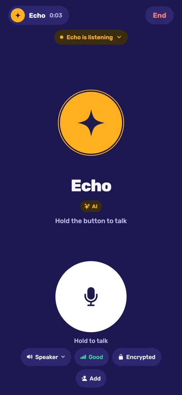 A call with Echo, an AI. An amber chip at the top reads 'Echo is listening'.